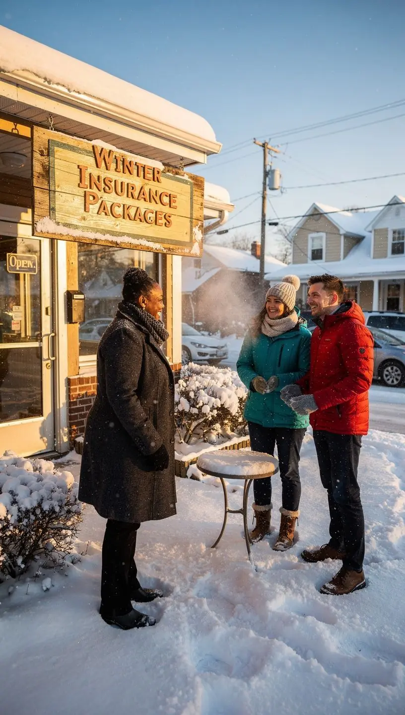 Автомобиль, оборудованный зимними шинами, на заснеженной дороге рядом с местным сервисным центром