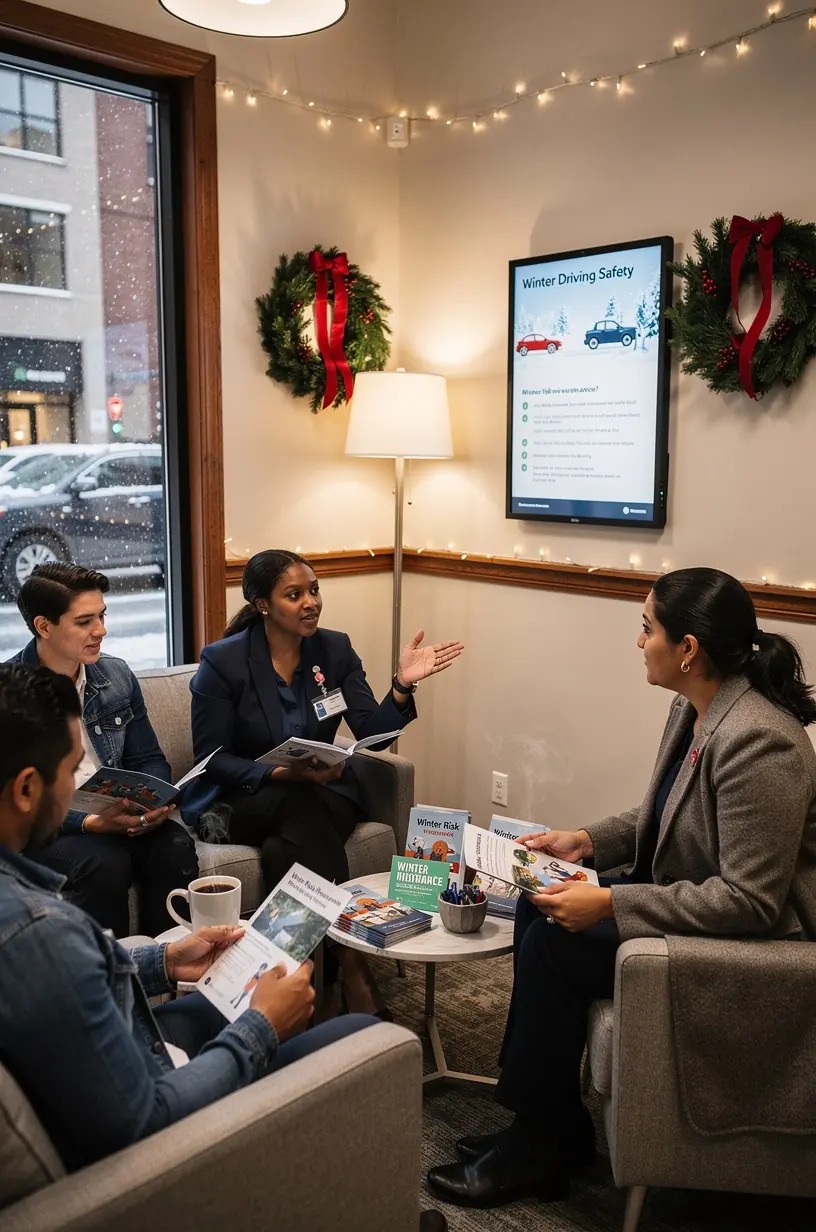 Консультант объясняет клиенту в офисе местного страхового центра особенности сезонного страхования авто